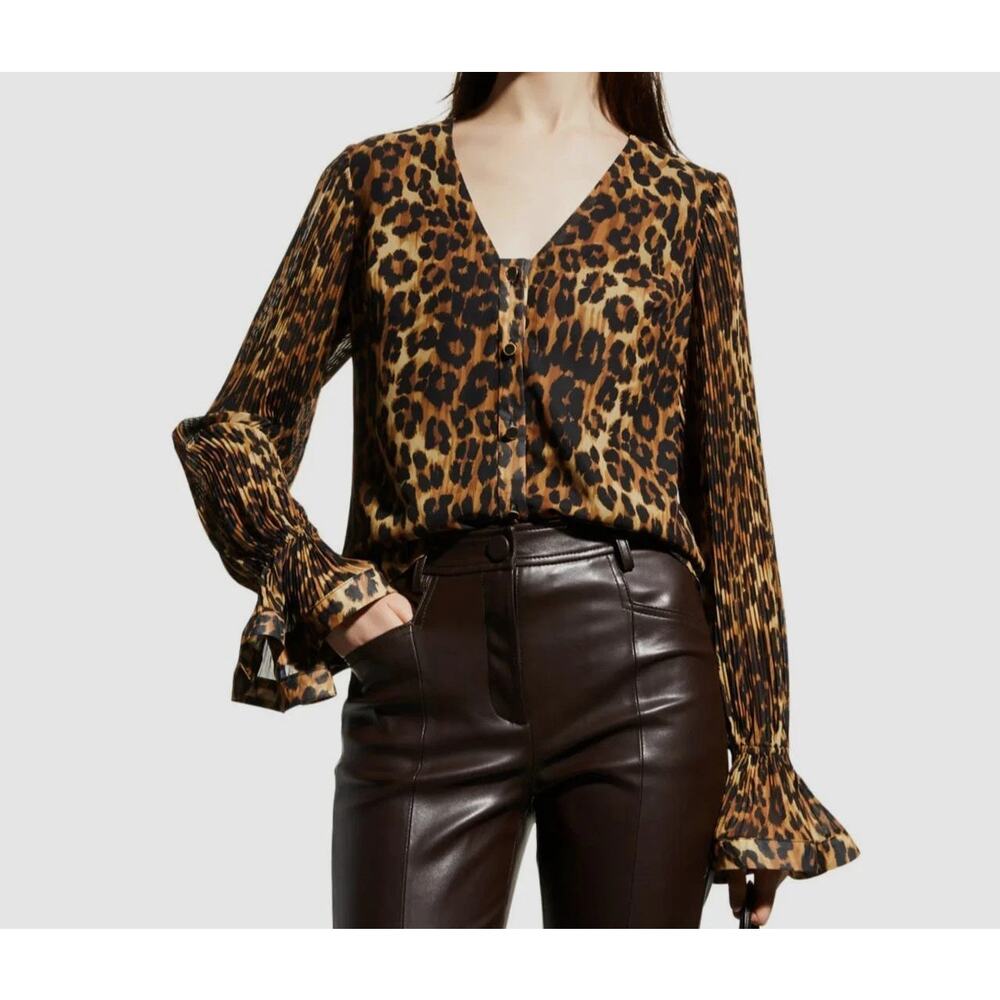 Milly Women's Greer Pleated-Sleeve V-Neck Brown Leopard-Print Top Size Large